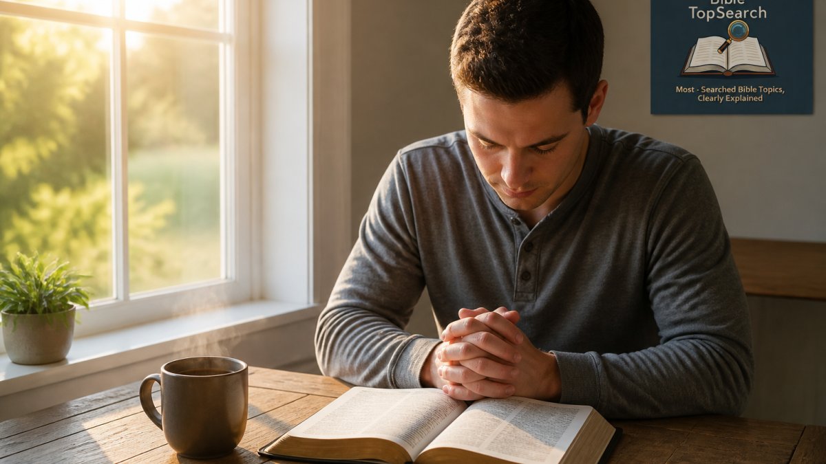 A person sitting peacefully at a wooden table with an open Bible and a warm cup of coffee, natural morning sunlight streaming through a nearby window, creating a calm and welcoming atmosphere for spiritual practice and reflection