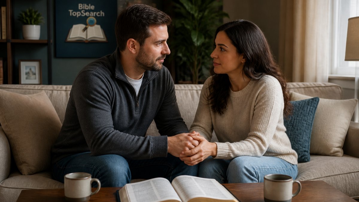 A married couple sitting together on a couch, holding hands and talking calmly, with a Bible open on the coffee table in front of them