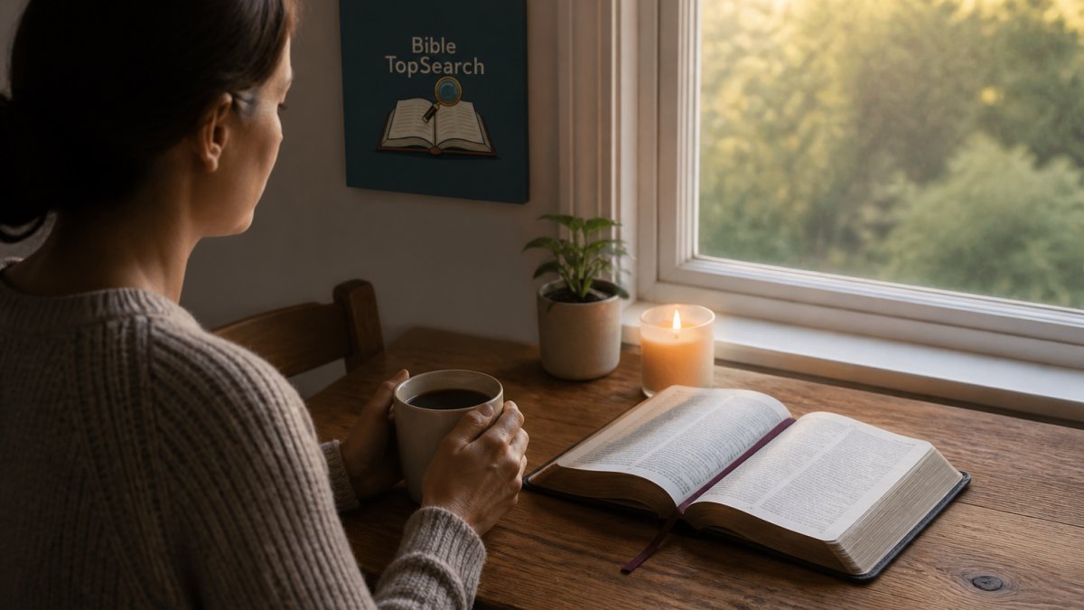 A person sitting at a small wooden table by a window in the early morning, an open Bible with a ribbon marker, a lit candle, and a warm cup of coffee, soft natural light, peaceful and quiet atmosphere