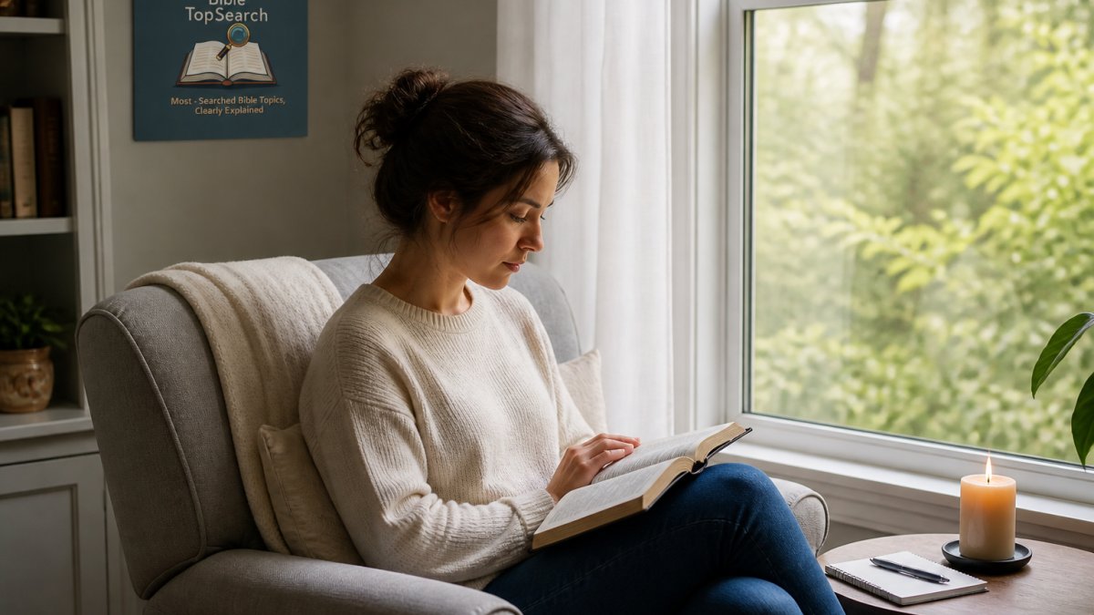 A person sitting peacefully in a comfortable chair by a window with soft natural light, a Bible open on their lap, with a candle and journal nearby on a small table